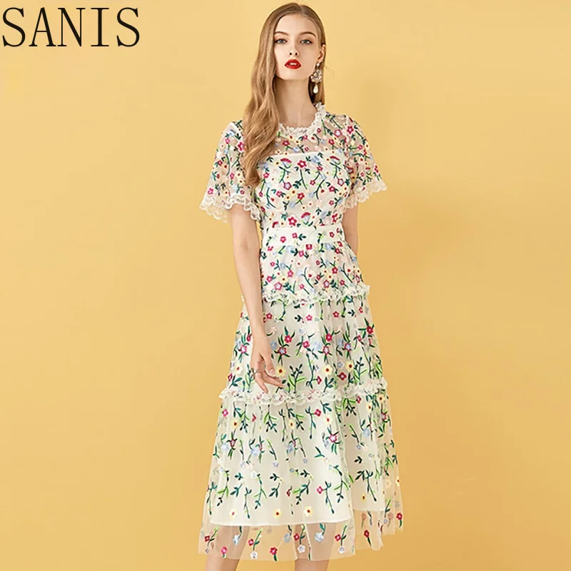 

Sanis Summer Fashion Runway Party A Line Dress Women Lace Mesh Flowers Embroidery Dress Ladies Vintage Midi Dresses
