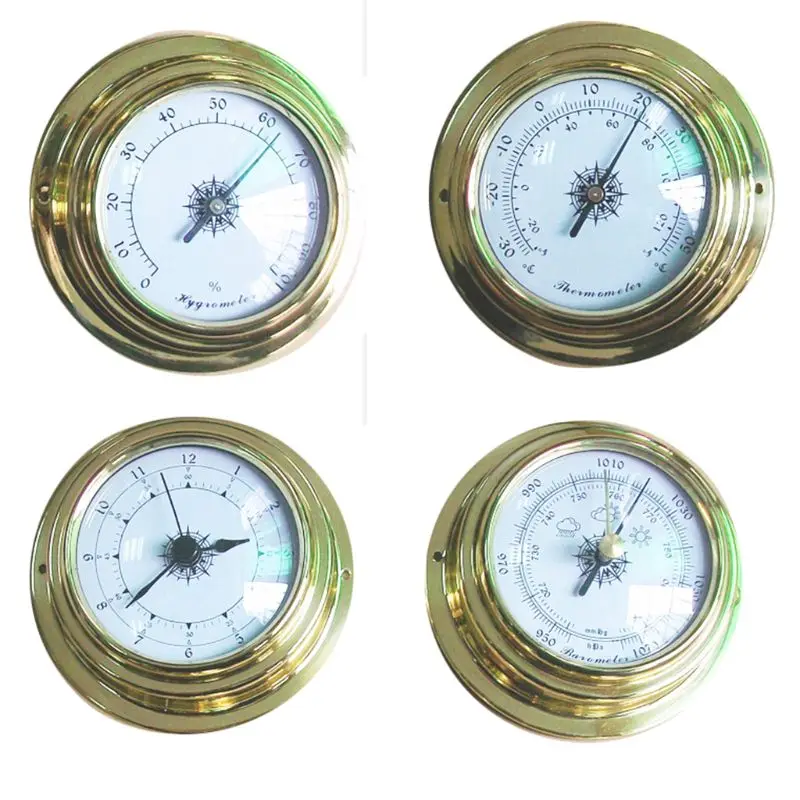 

4 Inches 4 PCS/set Thermometer Hygrometer Barometer Watches Clock Copper Shell Zirconium Marine for Weather Station E7CB