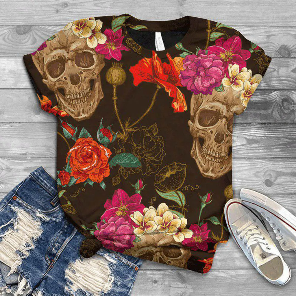 

3d Skull Printed T-shirts Top Women Harajuku Women Short Sleeve O-neck Custom Tops Tee Girl Summer Elegant Pullover T-shirt Teen