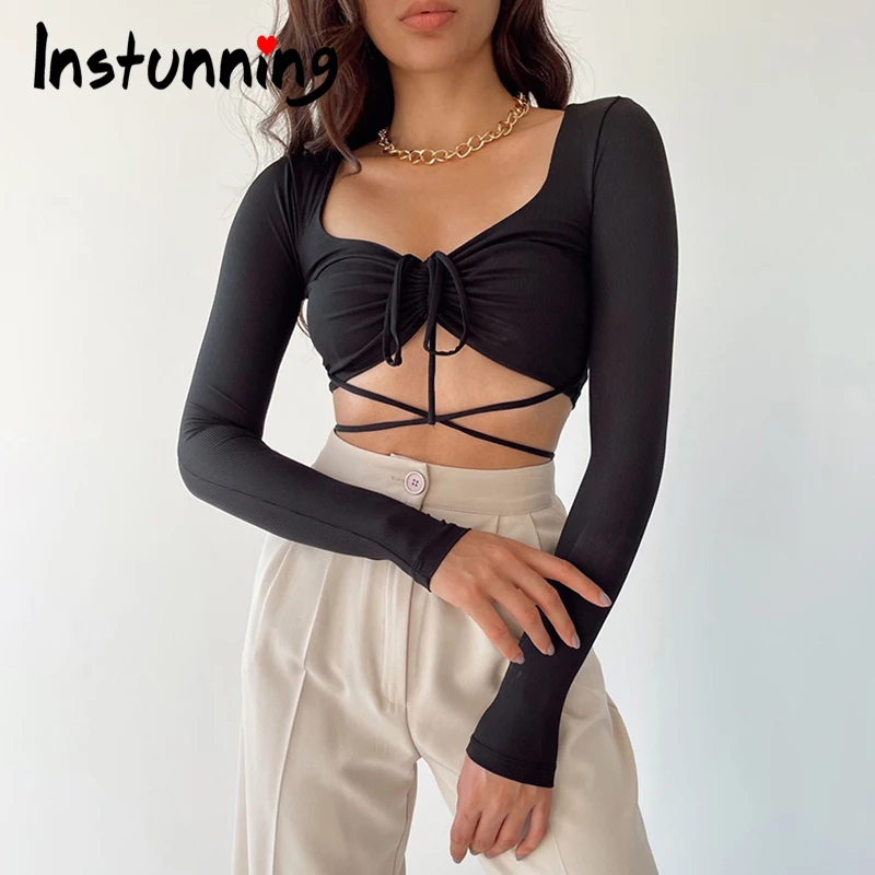 

Женский укороченный топ Instunning, элегантный повседневный однотонный топ с длинным рукавом, бандажный топ со складками, в стиле кэжуал, для клу...
