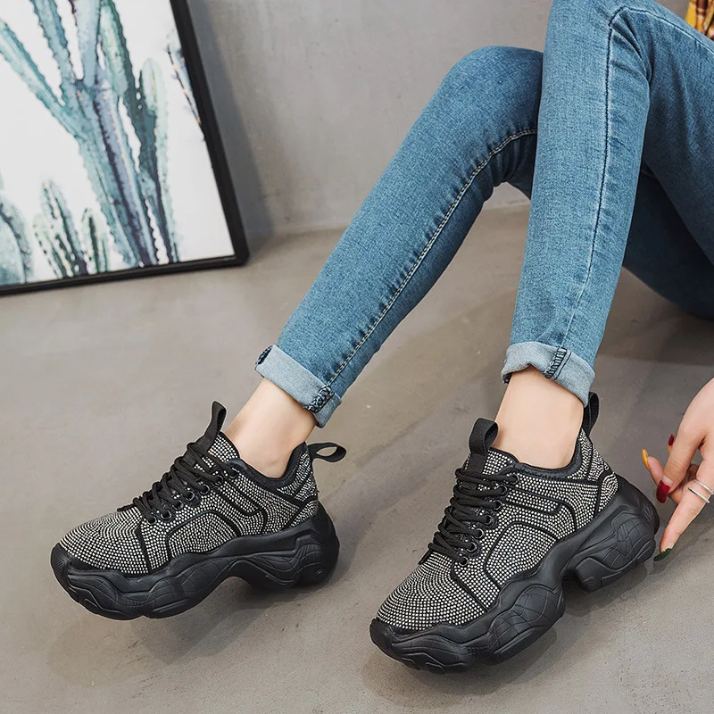 Обувь со стразами; женские кроссовки на платформе; повседневная обувь; zapatos de mujer; женские кроссовки с кристаллами на толстой подошве; шикарные кроссовки для папы