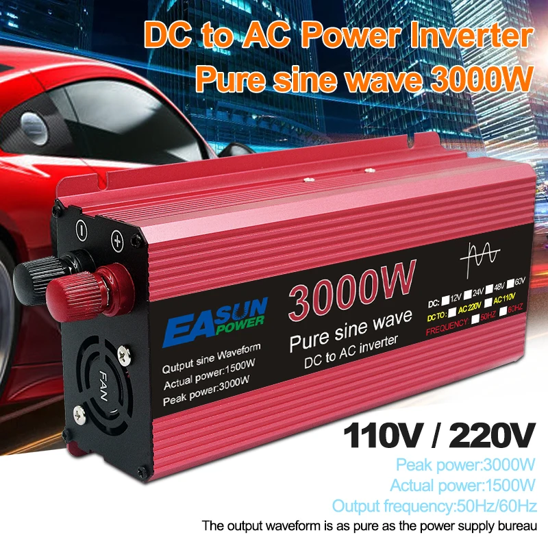 800 Вт 1600 Вт 2200 Вт 3000 Вт Чистая синусоида Инвертор DC 12V 24V к переменному току 110V 220V Напряжение трансформатор Мощность конвертер автомобиль с питанием от солнечных батарей Inverte - изображение