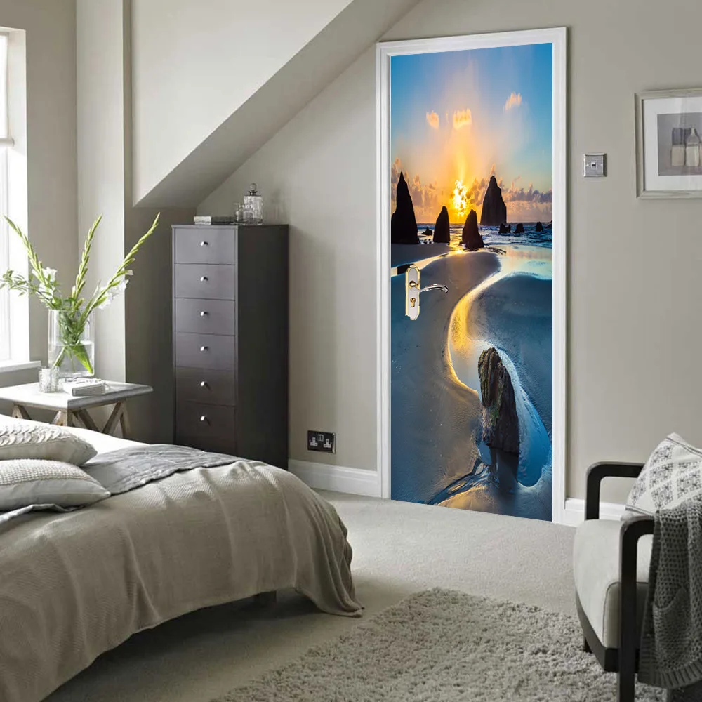Наклейка на дверь с изображением морского побережья восхода и пейзажа | Дом сад