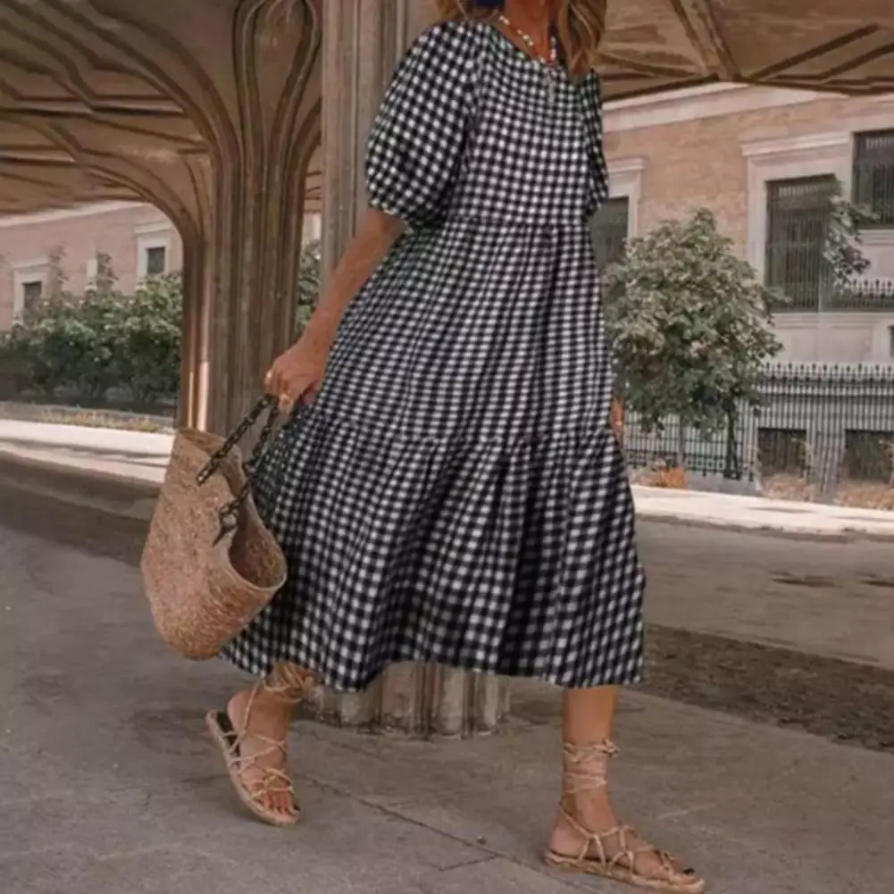 

Women Dress Plaid Patchwork Summer Puff Sleeve Round Neck Skirt Casual Loose Beach Party Dresses Vestidos Femme Robe Plus Size