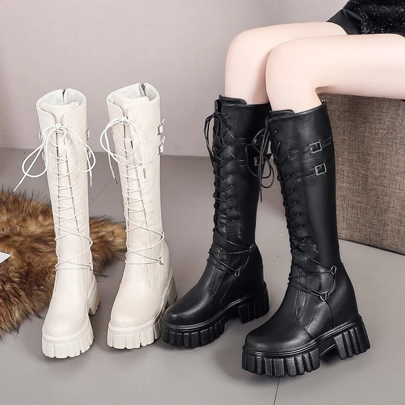 

Boots below the knee women's new leisure thick heel long tube boots British thick bottom lace up high tube boots