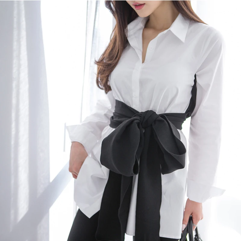 2020 Spring Bow Belted Women White Striped Shirt Female Blouse Tops Long Sleeve Casual Turn-down Collar OL Women Loose Blouses