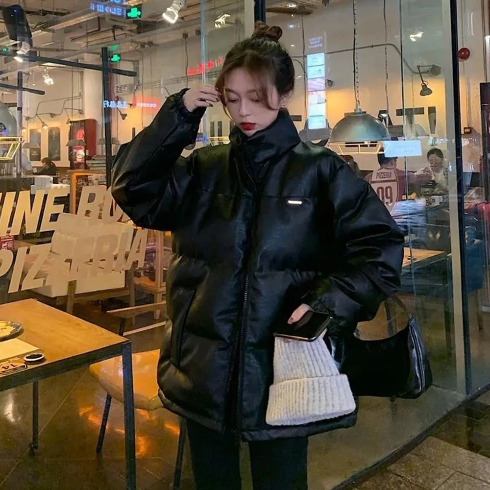 

Женское зимнее свободное пуховое пальто из хлопка, женские толстые теплые парки, модная куртка из искусственной кожи с яркой поверхностью, ...