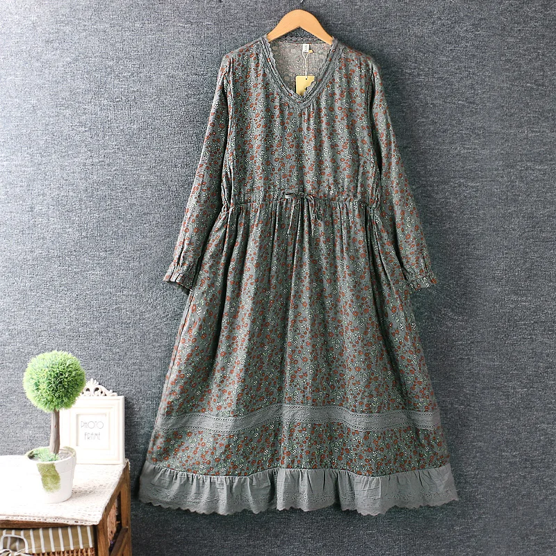

new spring 2021 fashion women dress Japan style V-neck floral dress long sleeve loose dress