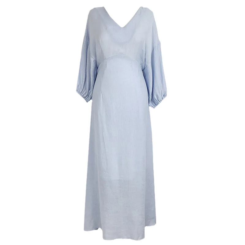 

2021 Summer New Style Simple Sweet Blue French Dress Casual High Waist Slim Temperament Lovely Women Long Dress Free Shipping
