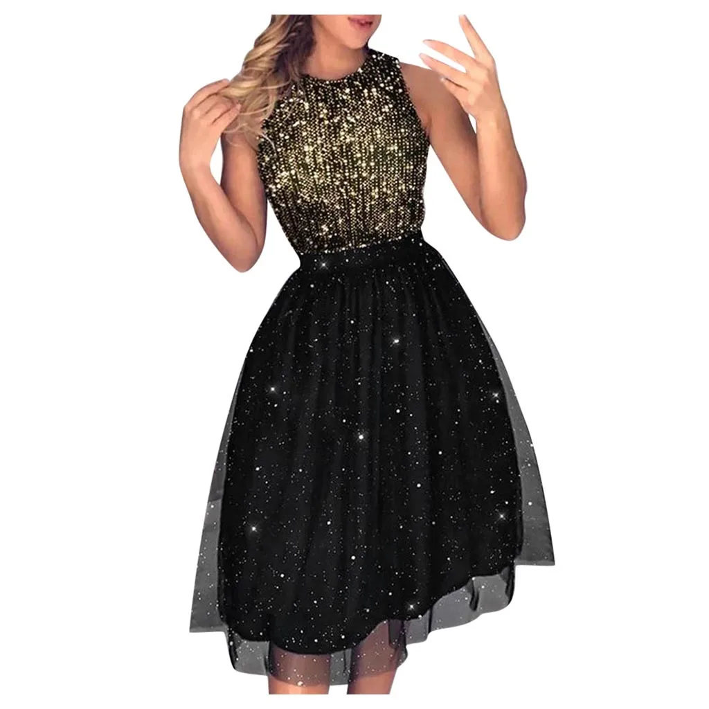 Женский сарафан с блестками черное Сетчатое платье без рукавов вечерние платья