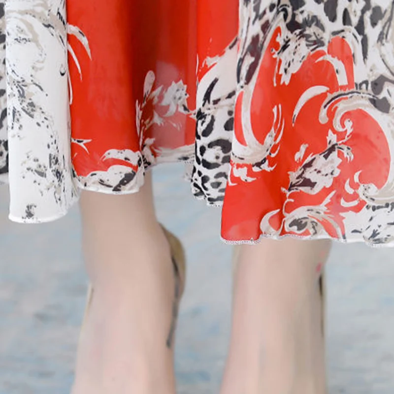 

Mid-length skirt 2021 new summer long-sleeved sleeve printed chiffon dress summer ladies Korean beach skirt