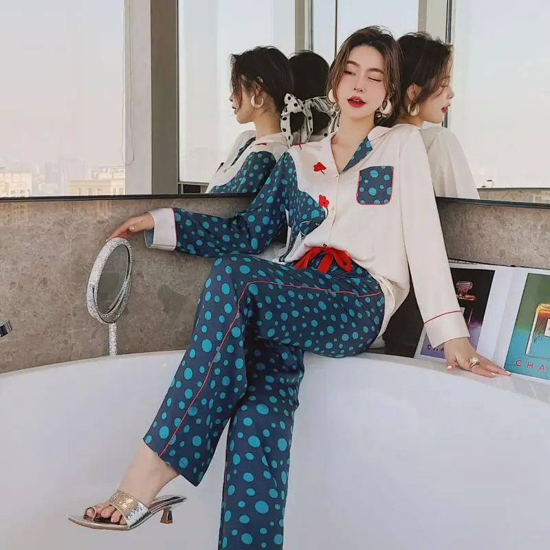 

Новинка, Осенний женский пижамный комплект, новинка, принт, брюки в горошек, Свободные повседневные пижамы для женщин, повседневная одежда д...