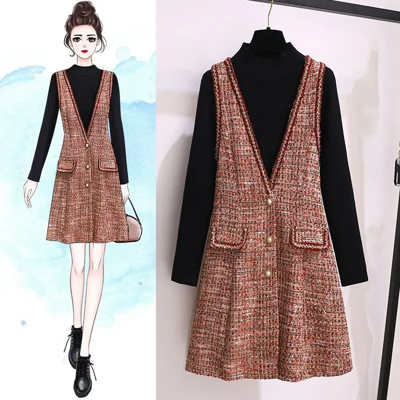 

2023 Women Two Piece Set Female Plaid Dress and Pullovers Ladies Fashion Casual Autumn High Quality Loose Two Pieces Suits Q230