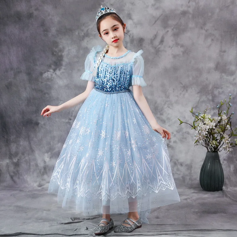 

Snow Girls Dress Princess Costume Kids Blue Sequined Mesh Long Dress Halloween Children Snow Queen Cosplay Carnival Clothing