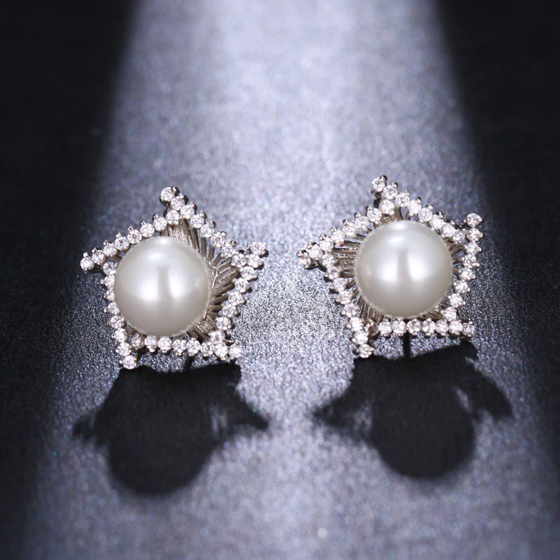 Bettyue AAA Cubic Zircon Fancy Model Pentagon Pearl In The Centre New Trendy Party Ear Studs Women And Ladies Multicolor Choice | Украшения