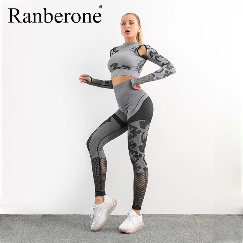 Ranberone 2 Piece Yoga Sets Sport Fitness Seamless Workout Clothes Gym Women Hollow Out Patchwork Women's Tracksuit 2020