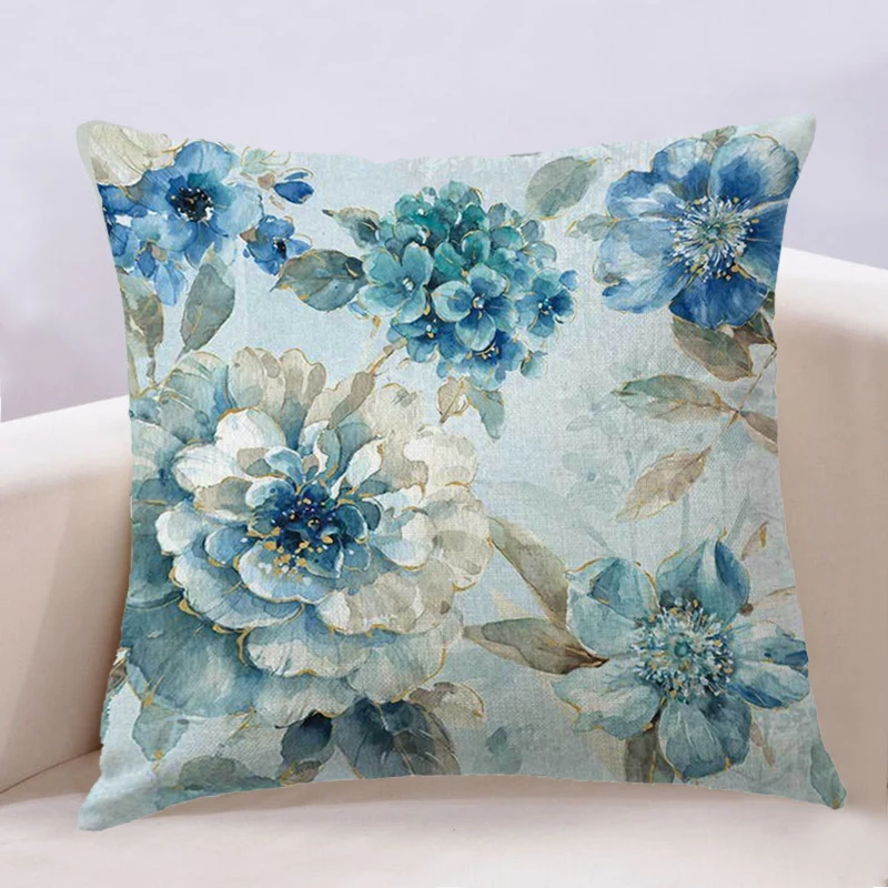Artistic Oil Painting Design Cushion Cover Vintage Bird And Flower Floral Printed Blue Linen Pillowcase Sofa Throw Pillows Case | Дом и сад