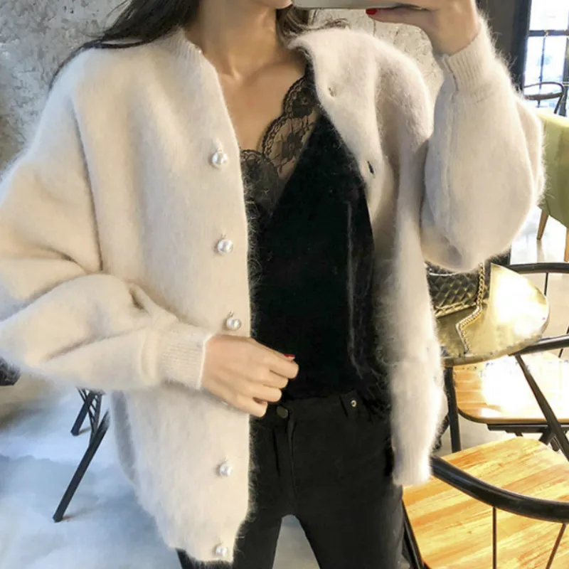 

women casual sweater 2020 korean vintage mohair pearl buckle sweater carigans latern sleeve oversized sweater outwear