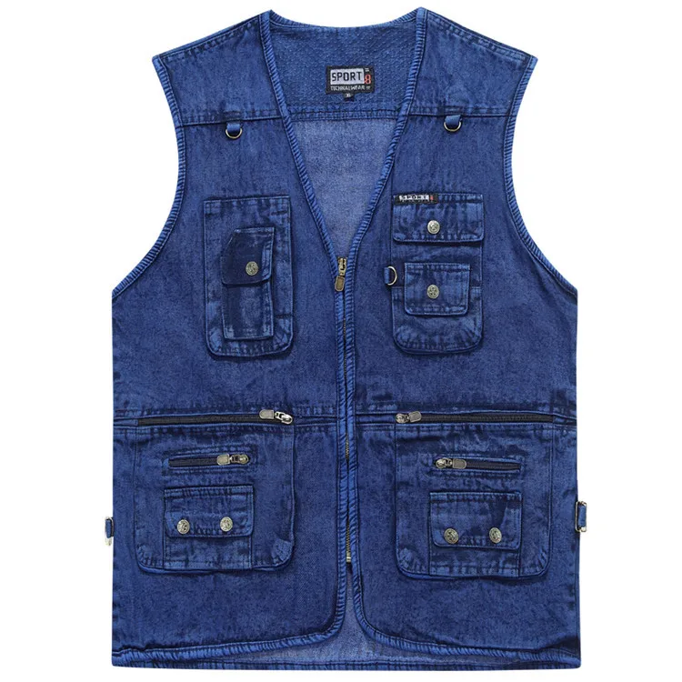

Men vest denim middle-aged elderly work clothes multi-pocket mast Waistcoat photography cotton Sleeveless Jacket windproof