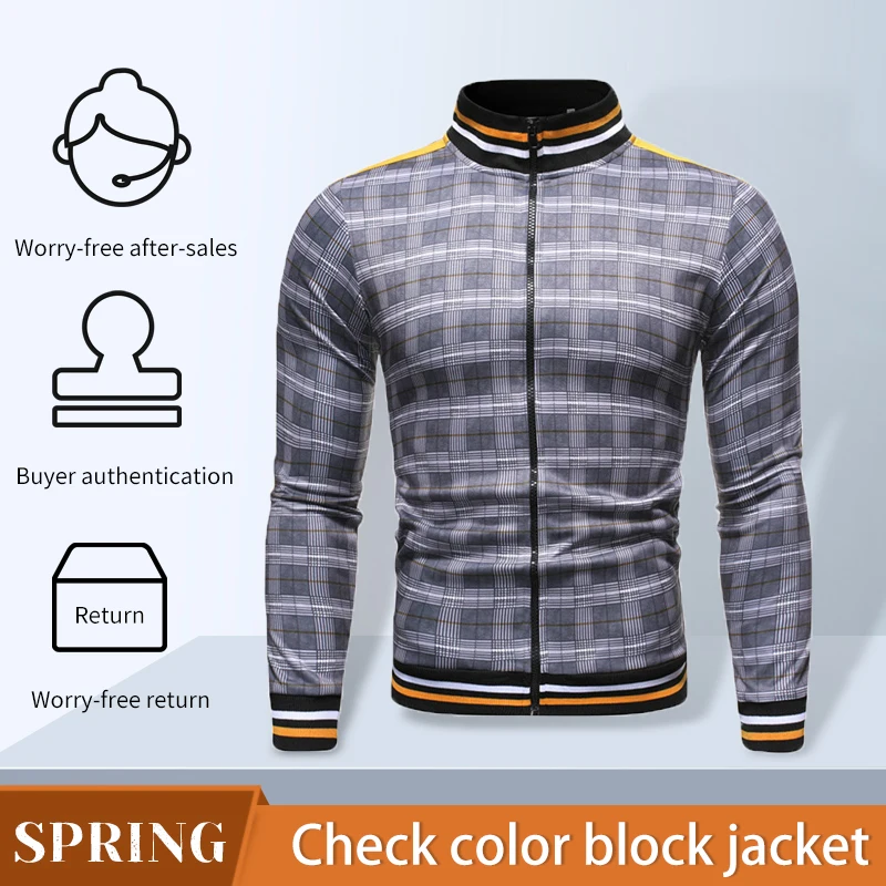 

Мужская куртка 2022, Весенняя клетчатая куртка, Мужская брендовая Повседневная куртка на молнии, мужская одежда с воротником-стойкой, уличная...