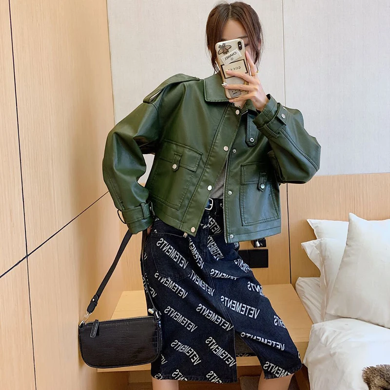 

2021 New Spring Autumn Women Slim Faux Leather Jacket Zipper Pockets Motorcycle PU Leather Coat Black Biker Jackets Outerwear