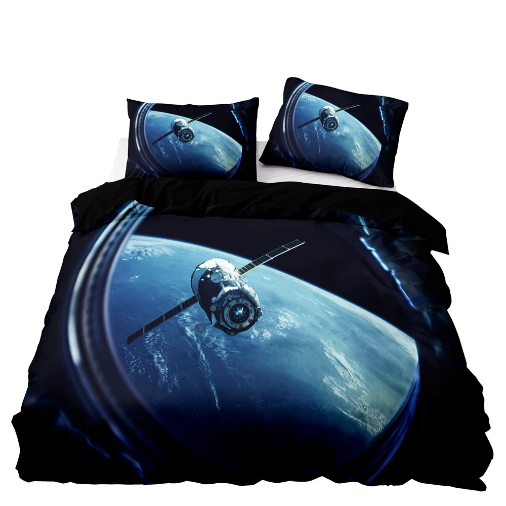 

Earth And Spaceship Pattern Bedding Set, 260×220 Duvet Cover Set With Pillowcase, 220×260 Quilt Cover，Black Blanket Cover