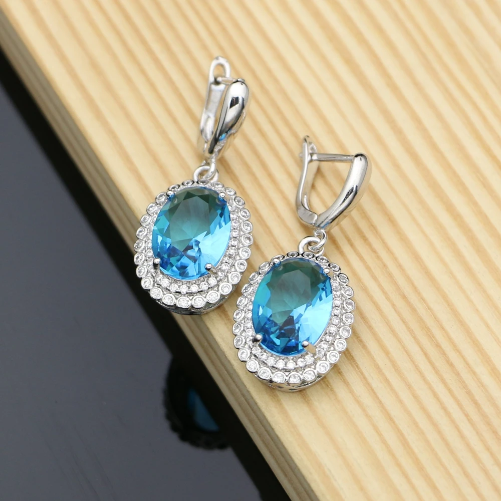 Sky Blue Мода милтиколор кубический цирконий камень 925 серебряные серьги для женщин вечерние серьги висячие серьги в форме капли современные ювелирные изделия - Окраска металла: Sky Blue