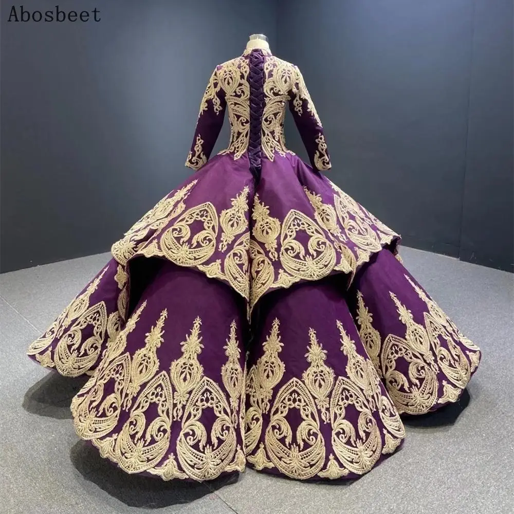 DD JYOY Muslim Long Sleeve Evening Party Dress Ball Gown Gold Lace High Neck Prom Women Wear Lace Up Back Purple Evening Gown
