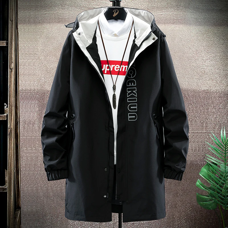 

Тренчкот мужской длинный с капюшоном, ветровка с карманами, модная уличная одежда, модель 8XL, весна-осень