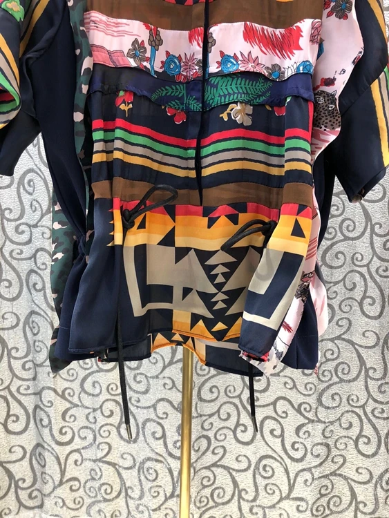 

High Quality Cotton Shirts 2021 Summer Style Women Vintage Prints Drawstring Waist Short Sleeve Casual Tops Shirt Blue Black