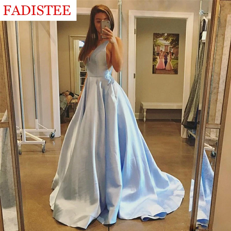 

Sky blue satin Prom Dresses Formal Evening Party Gowns Vestido De Festa robes de cocktail robe de soiree long gown فساتين السهرة