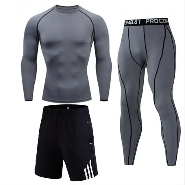 gray 3-piece suit Тренажерный зал Для Мужчин's Спортивная одежда для бега фитнеса для занятий атлетикой физической культурой костюмы для занятий спортом бега Спортивная Костюмы тренировочный костюм ткань отводящая влагу - Цвет: gray 3-piece suit
