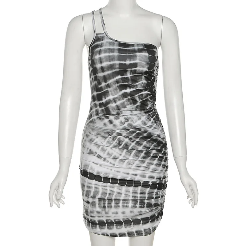 

BOOFEENAA Sexy Bodycon Dress Black Tie Dye One Shoulder Backless Mini Dresses Cute Summer Club Outfits for Women C71-BF17