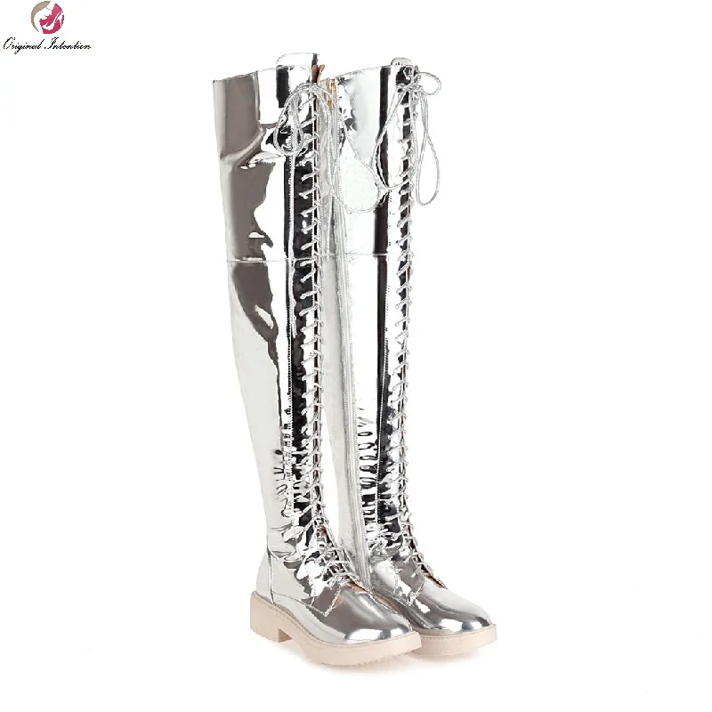 

Женские сапоги выше колена на платформе, зимние сапоги с круглым носком, на молнии, с перекрестной шнуровкой, на квадратном каблуке, большие ...