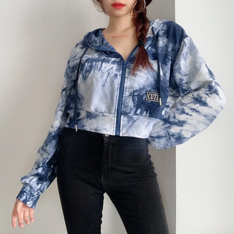 

Ink Painting Tie-Dye Letters Hooded Short Hoody Autumn European And American New Style Zipper All-Match Casual Hoody Women