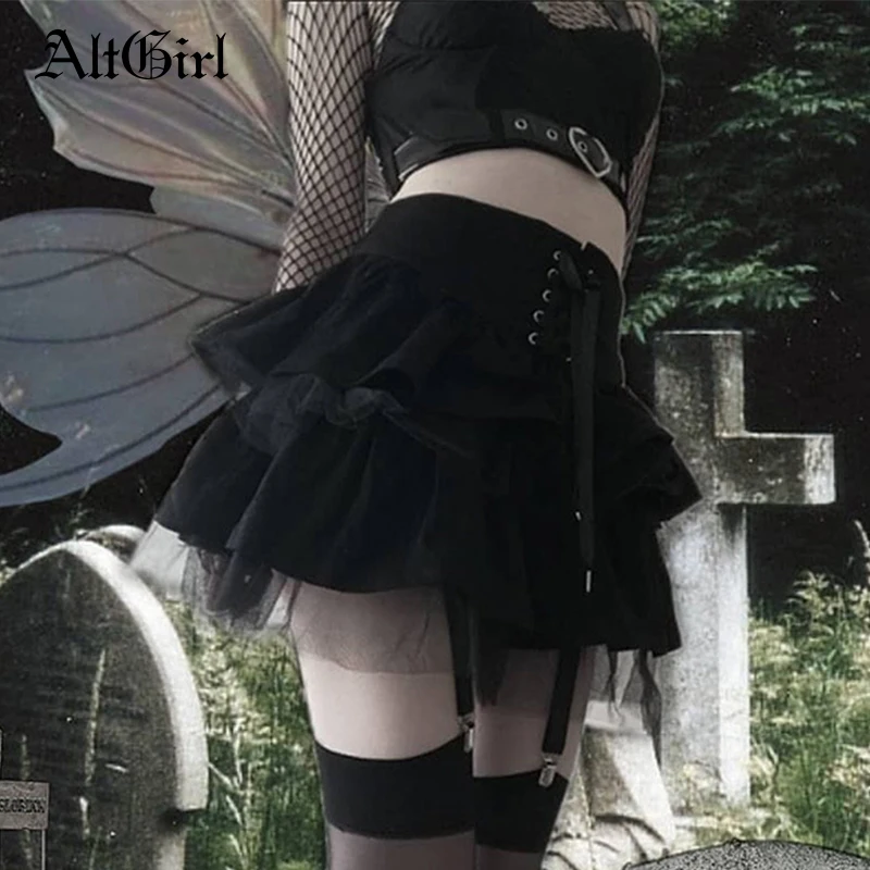 

AltGirl Fairy Grunge Gothic Skirt Women Vintage Y2k Mesh High Waist Mini Skirt Harajuku Street Punk Mall Goth Alt Velvet Skirts