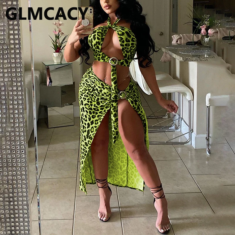 

Two Piece Leopard Party Dress Suits Halter Crop Top & Slit Maxi Skirt