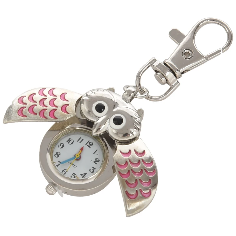 

Quartz Watch Necklace Pendant Ssilver Plated Owl & Silver Tone Pink Metal Owl Pendant Knob Adjustable Time Keyring Watch