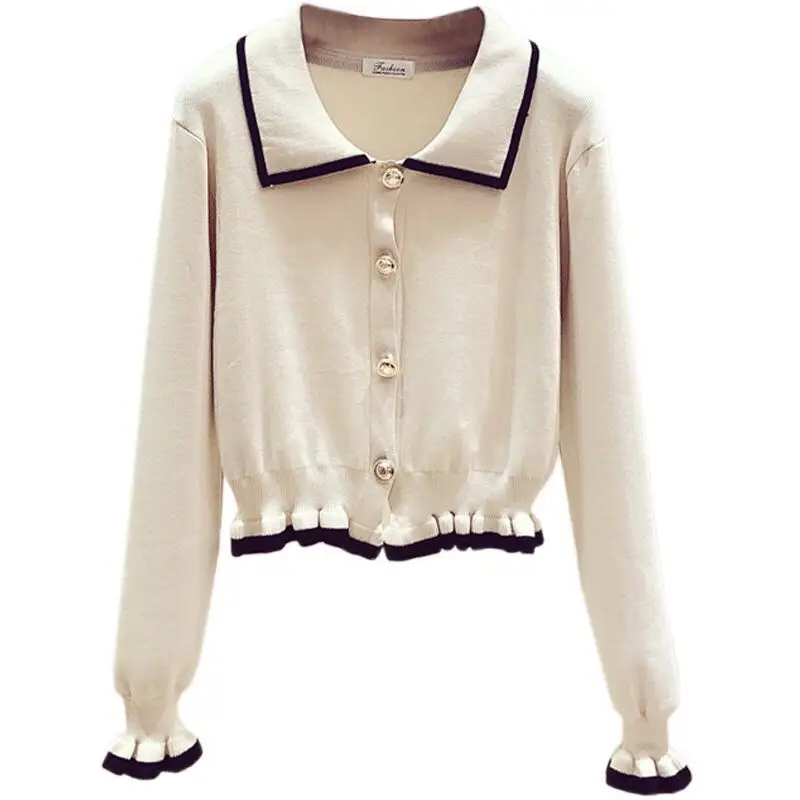 

Cardigan Women Turn-down Collar Ruffles Elegant Slim Panelled Sing Breasted Sweater French Style Basic Tops Retro Knitted Woman