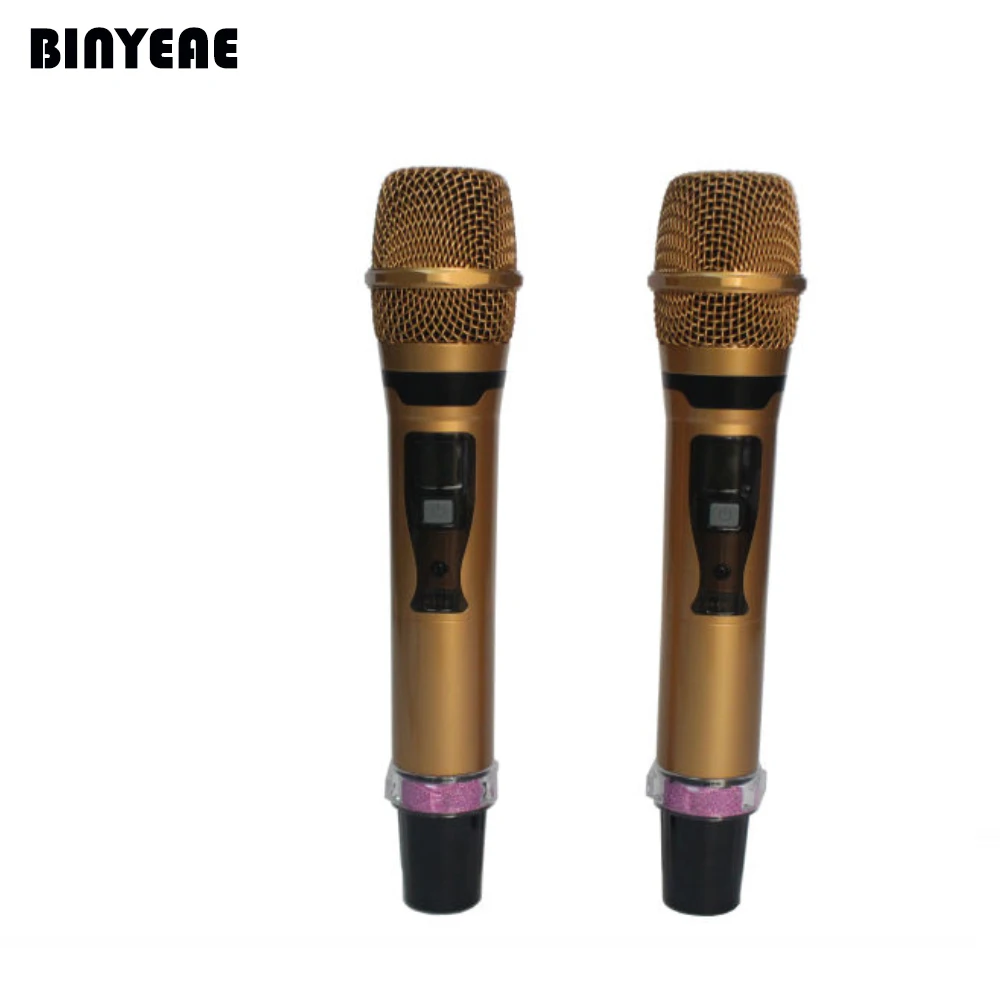 BINEAE PG-368 Dual Channel Dynamic Professional 2 Handheld Cordless Microphone for Home Theatre Karaoke Music System Gold Metal |
