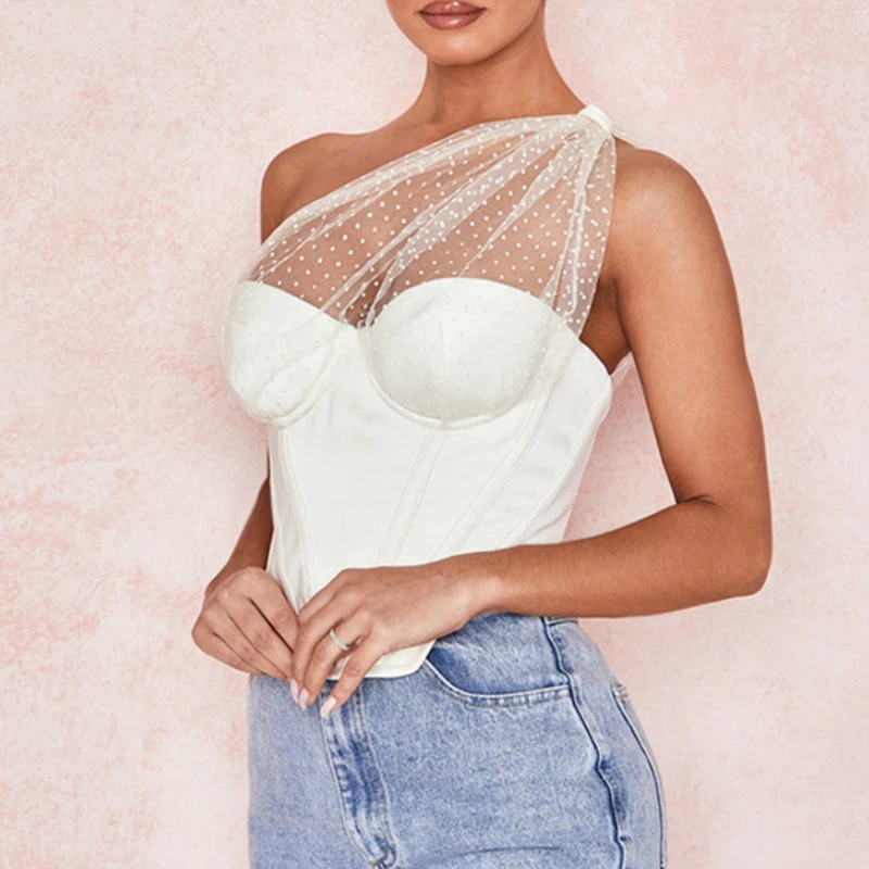 Рубашка женская на одно плечо пикантная модная укороченная одежда сетчатая