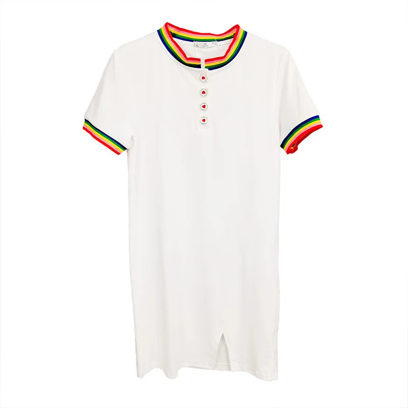 

Cotton Rainbow Stripe Heart Buttons Casual Women Dress Summer Straight Bottom Split Sexy Slim Fit White Bodycon Dresses Clothing