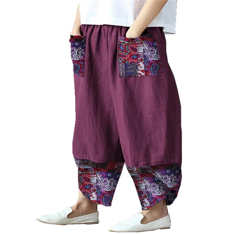 2021 European and  sk  American ladies print stitching fashion loose casual pants    1033