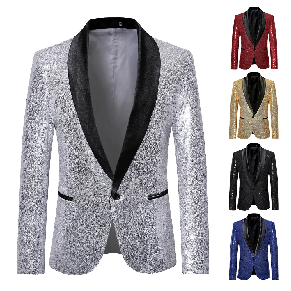MJARTORIA Shiny Gold Sequin Bling Glitter Blazer Men New Shawl Collar Club DJ Mens Blazer Jacket Stage Clothers for Singers