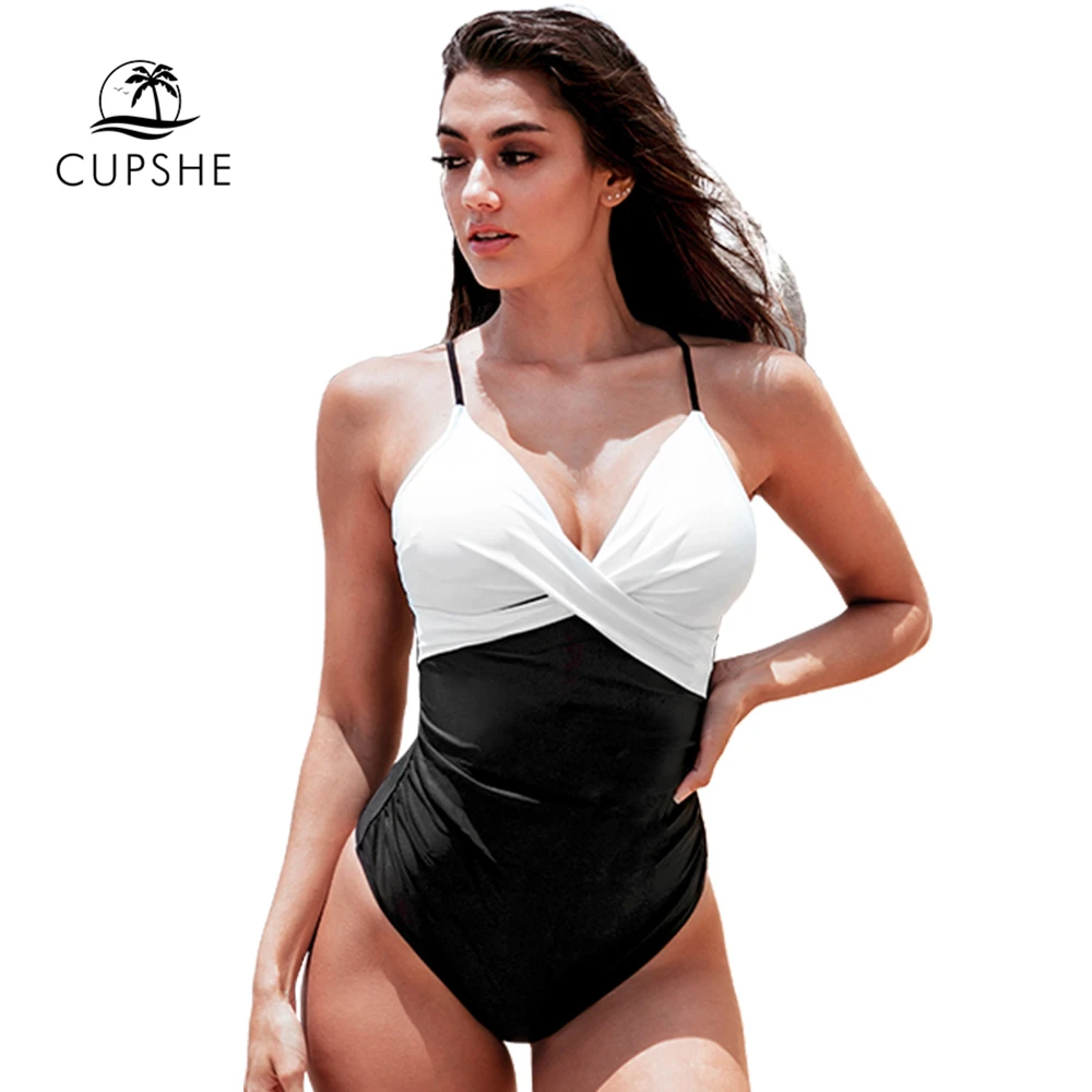 CUPSHE белый и черный скрученный спереди Цельный купальник сексуальный с открытой