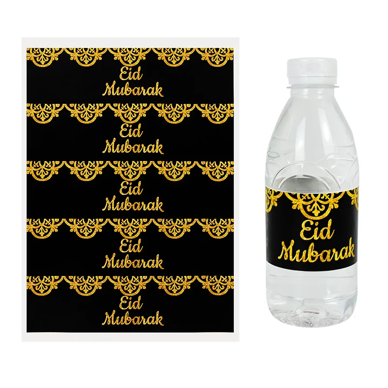 10pcs Eid Mubarak Bottle Wrapper Stickers Adhsive Bronzing Gold Black Water Bottles Cover Decor Ramadan Festival Party Supplies