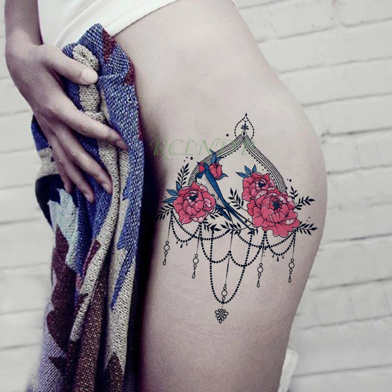 Водостойкая Временная тату-наклейка цветок пиона ожерелье птица искусственная