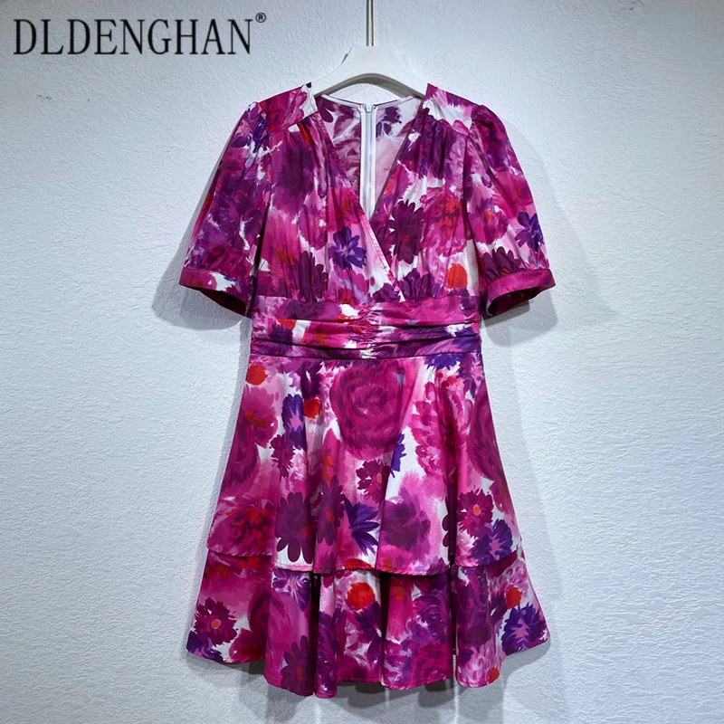

Платье DLDENGHAN женское с цветочным принтом, хлопок, с V-образным вырезом, коротким рукавом, каскадными оборками, дизайнерское, для отпуска, лето