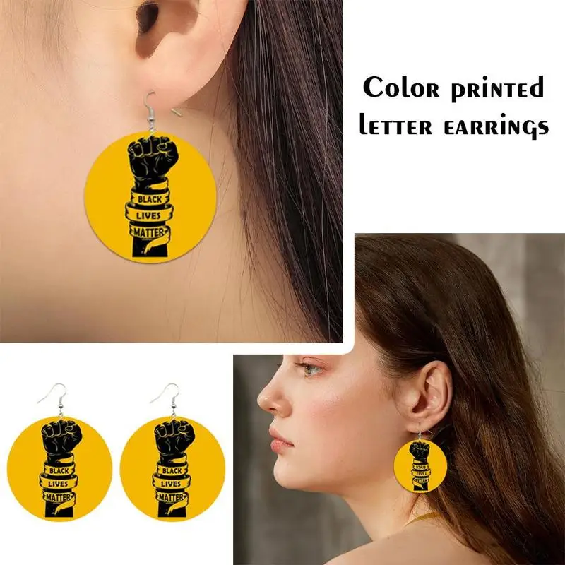 Цветные круглые серьги с буквенным принтом черные надписью Live Matters Power Never Gifts