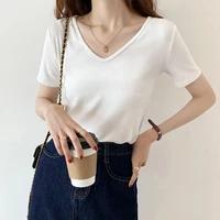 2022 summer womens t shirt short sleeve tops tee shirts femme v neck ribbed cotton knitted casual basic solid top